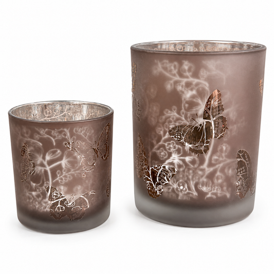 Formano Teelichtglas mit Schmetterlingen Lila Taupe 8 cm 12,5 cm