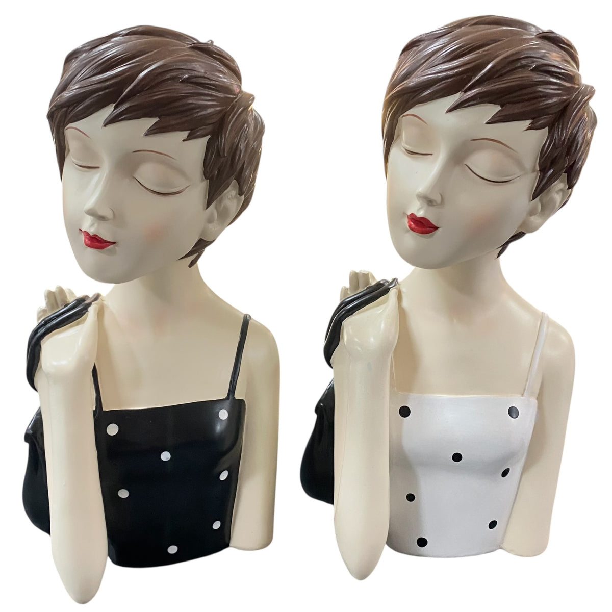 Formano Deko-Büste Frau mit Handtasche in Schwarz-Weiß, elegante Figur im Retro-Look mit geschlossenen Augen.