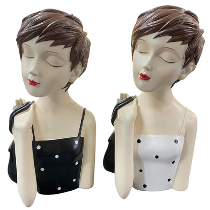 Formano Deko-Büste Frau mit Handtasche in Schwarz-Weiß, elegante Figur im Retro-Look mit geschlossenen Augen.