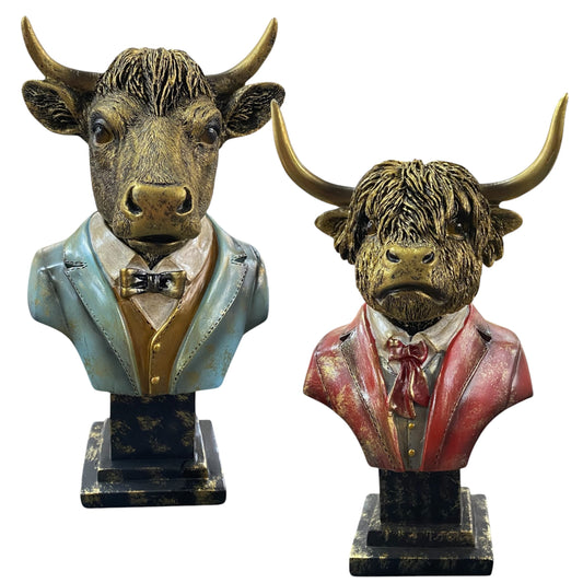 Formano Deko-Büsten Rind im modernen Design, goldfarben mit Anzug in Rot und Blau – stilvolle Tierfiguren.