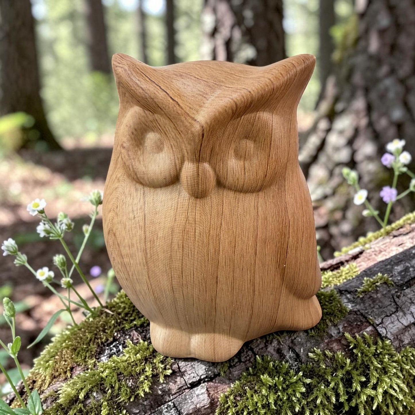 Eine dekorative Eulenfigur aus Holzoptik steht auf einem mit Moos bedeckten Baumstamm im Wald.
