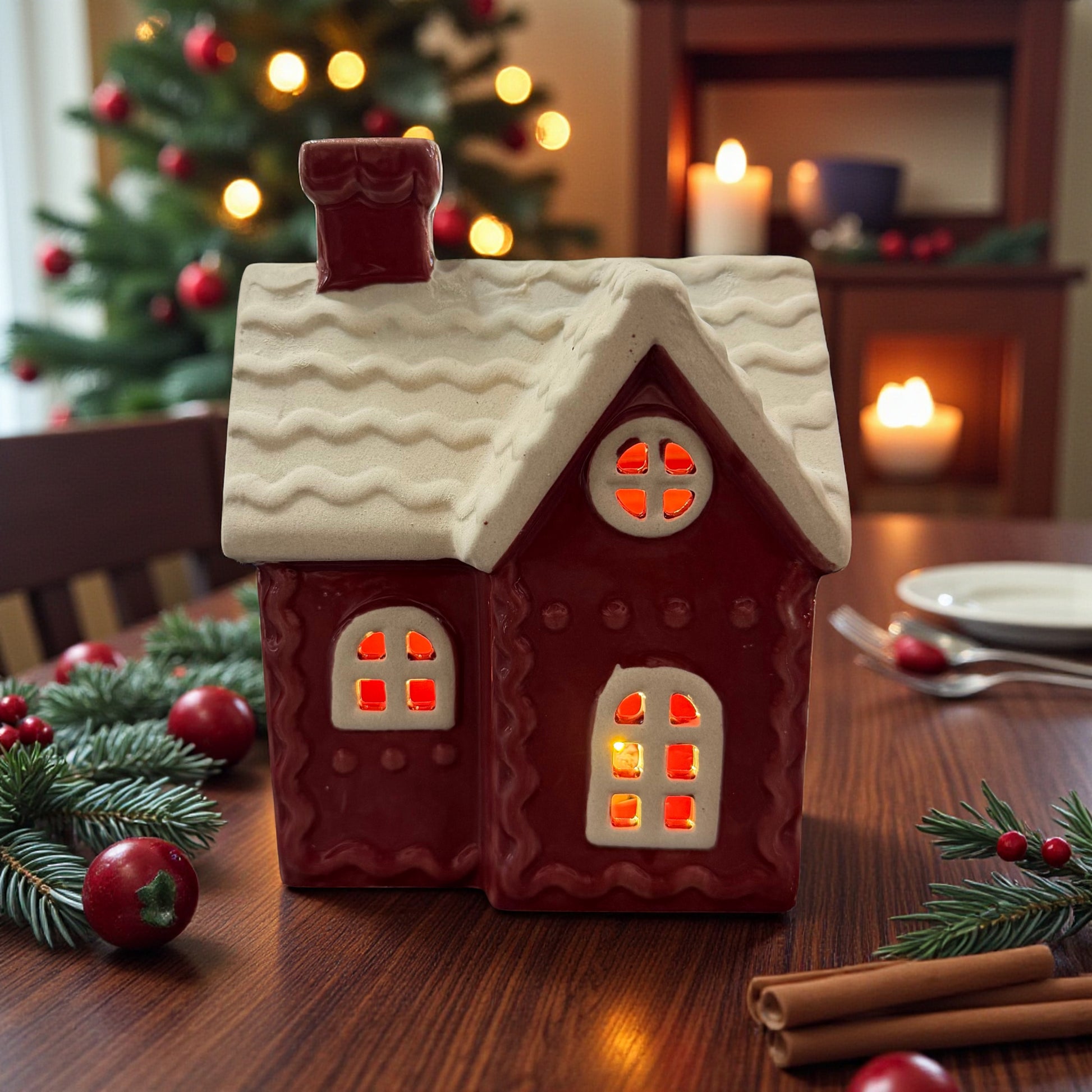 Dekohaus in roter Farbe mit verschneitem Dach und leuchtenden Fenstern, dekoriert auf Holztisch mit Tannenzweigen, roten Beeren und Zimtstangen, vor weihnachtlicher Wohnraumkulisse mit Kerzen und Weihnachtsbaum im Hintergrund.