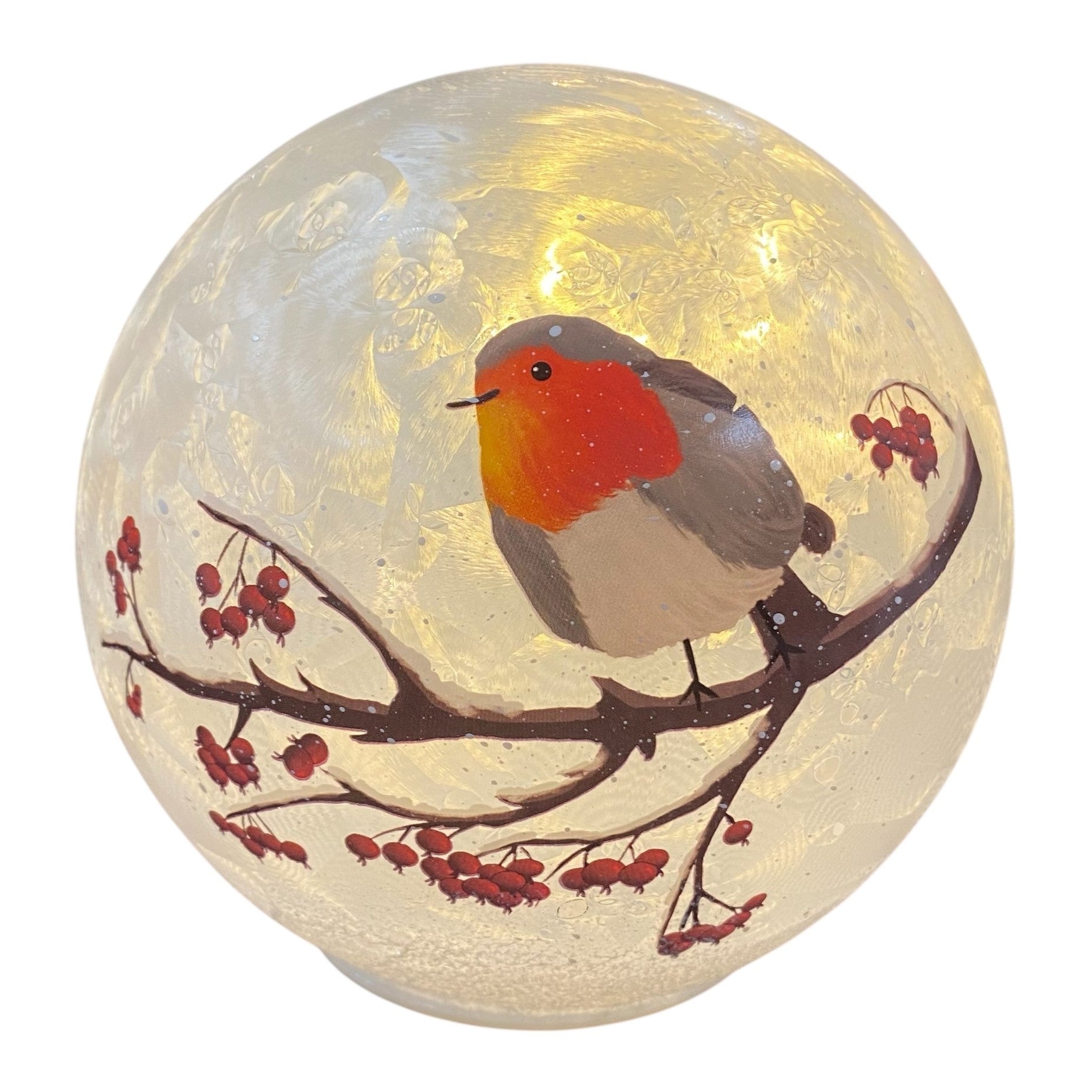 Formano LED-Dekokugel mit handbemaltem Vogelmotiv auf Zweig und roten Beeren, warm beleuchtet.