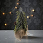 Ein einzelner grüner Dekotannenbaum mit Zapfen in einem Jutebeutel steht auf einer dunklen Oberfläche vor einem dekorativen Hintergrund mit Lichterkette.