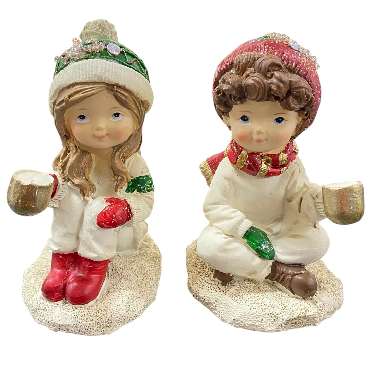 Formano Dekofiguren Winterkinder sitzend, Mädchen und Junge mit Tasse und Winterkleidung, weihnachtliche Figuren
