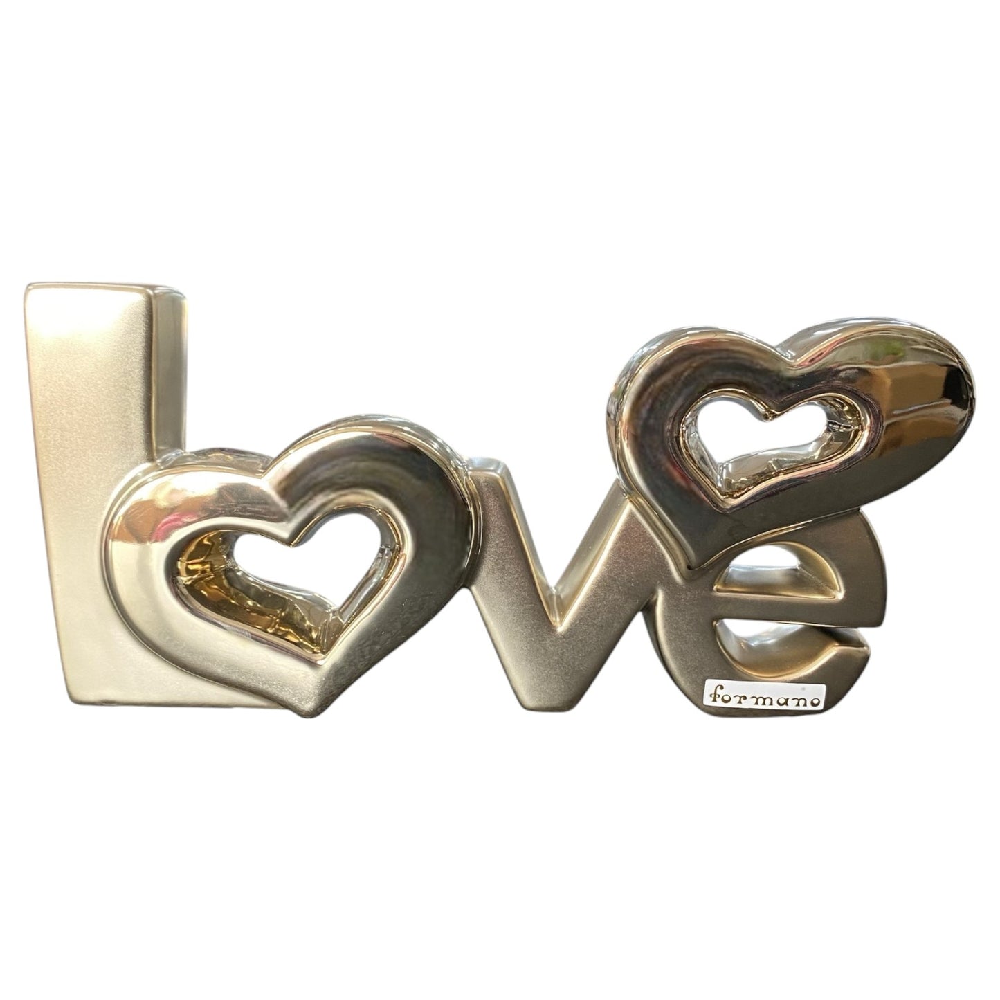 Goldglänzender Dekoaufsteller Love aus Keramik von Formano mit zwei Herz-Aussparungen in den Buchstaben
