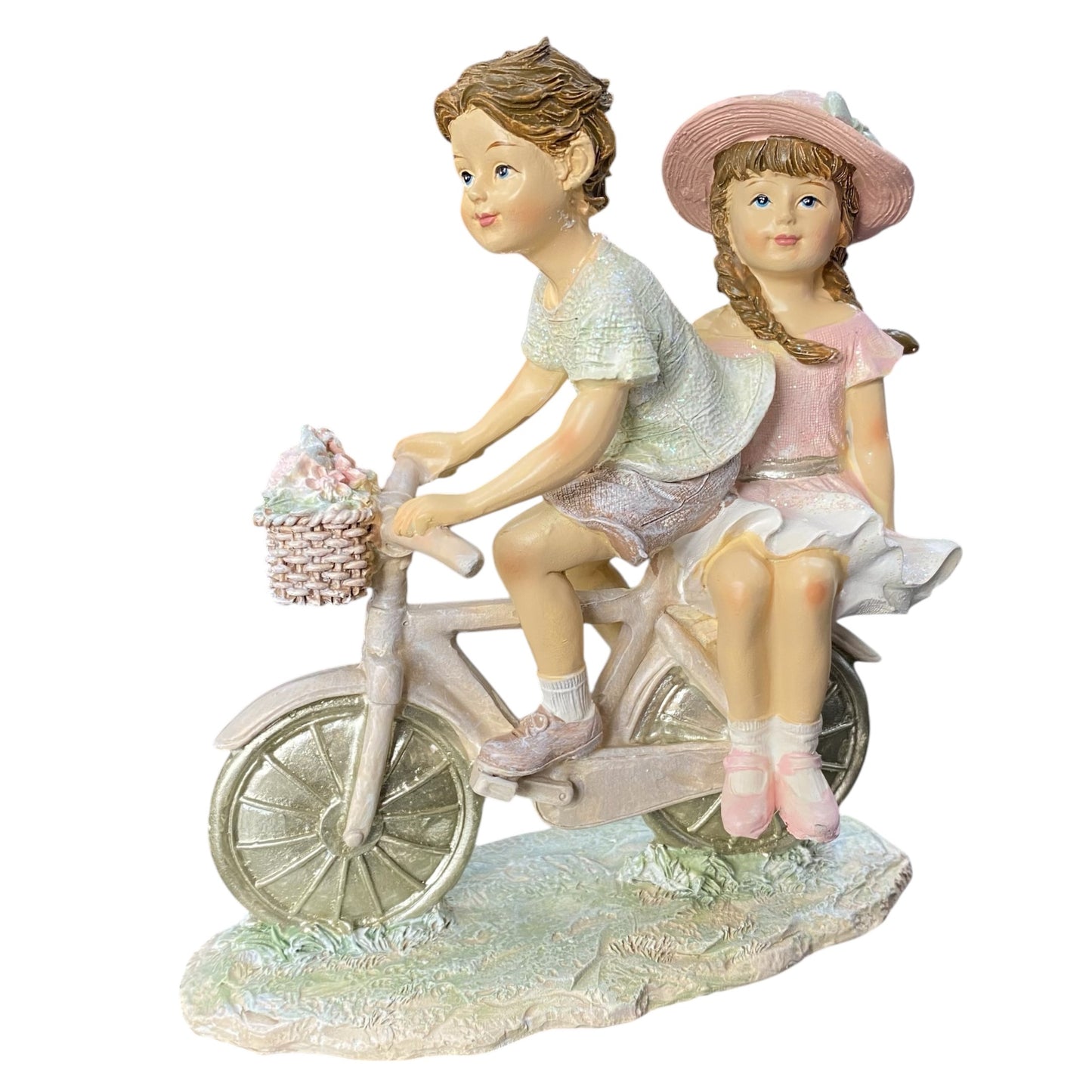 Detailreiche Dekofiguren Kinder Mädchen und Junge auf einem nostalgischen Fahrrad in Pastellfarben