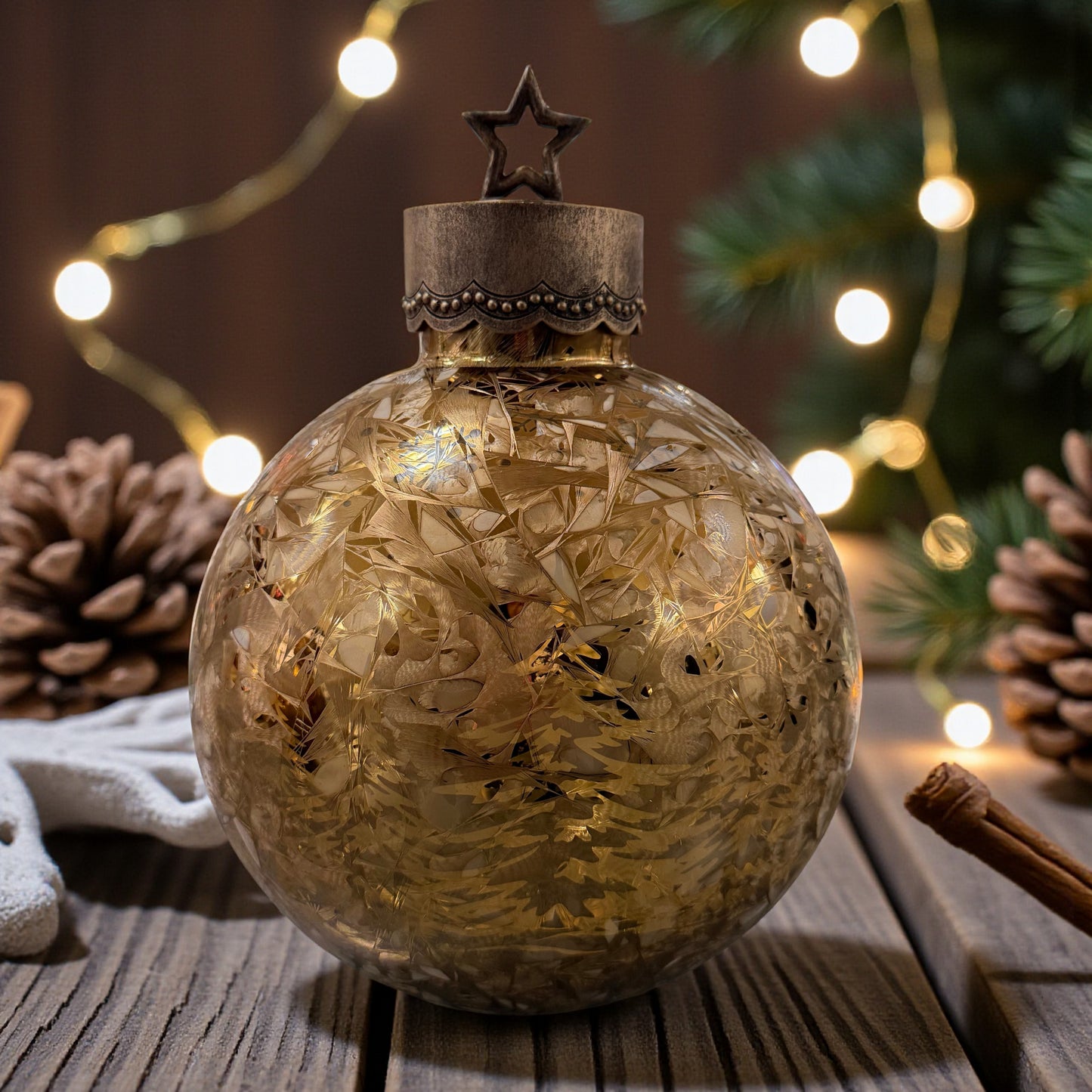 Eine kugelförmige Dekoleuchte aus Glas mit eingraviertem Tannenmotiv und Metallkappe mit Stern steht auf einem Holztisch neben Zapfen und Lichterkette.