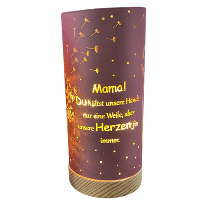 Formano LED Deko Säule in Rosa mit goldenen Pusteblumen und dem Spruch „Mama! Du hältst unsere Hände nur eine Weile, aber unsere Herzen für immer“, aus Glas mit Holzsockel