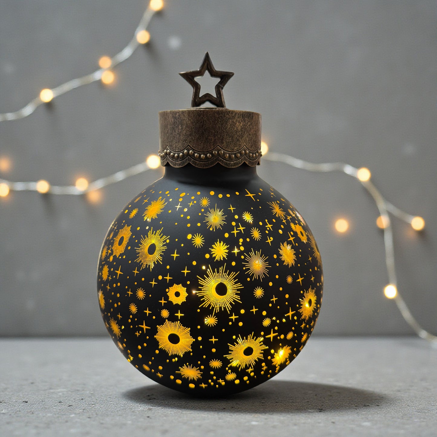 Stimmungsvolle beleuchtete LED-Kugel mit detailreichen Sonnenstrahlen-Motiven in Gold, die ein warmes, festliches Licht erzeugt.