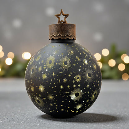 Elegante LED-Dekokugel in Schwarz mit filigranem goldenem Sonnen- und Sternenmuster, stilvoll inszeniert vor weihnachtlichem Hintergrund mit Lichterkette.