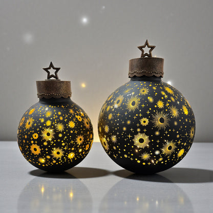 Dekoratives 2er-Set LED-Kugeln in Schwarz mit goldenen Ornamenten, arrangiert in weihnachtlicher Atmosphäre mit sanfter Beleuchtung.