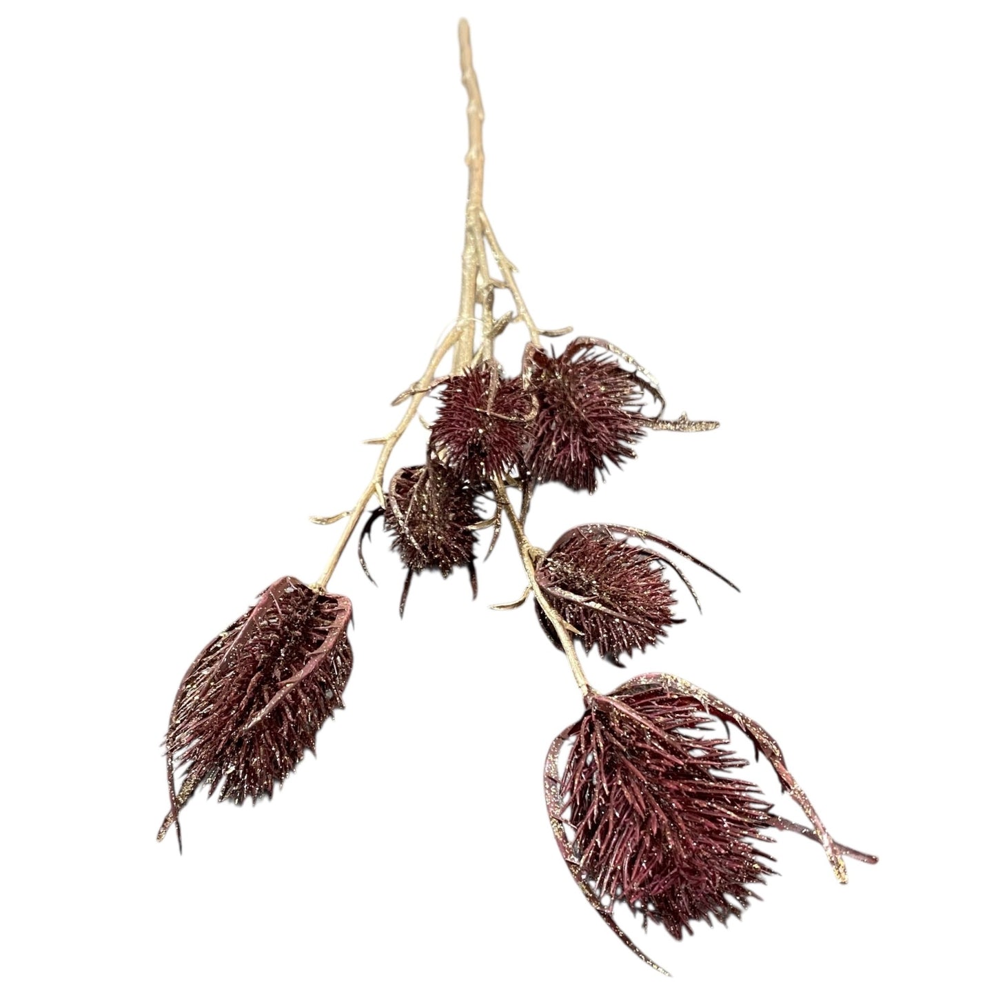 Künstlicher Distelzweig in Bordeaux und Gold mit mehreren glitzernden Blütenköpfen und feinen, verzweigten Stielen.