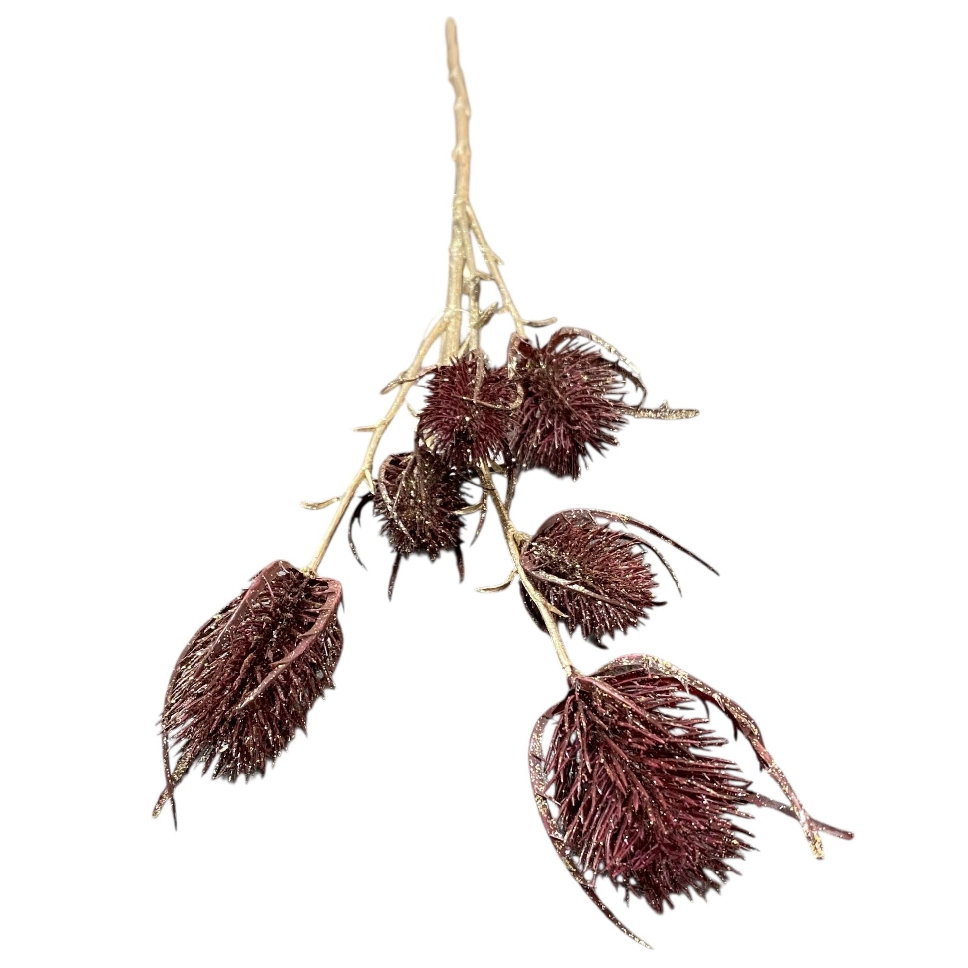 Künstlicher Distelzweig in Bordeaux und Gold mit mehreren glitzernden Blütenköpfen und feinen, verzweigten Stielen.