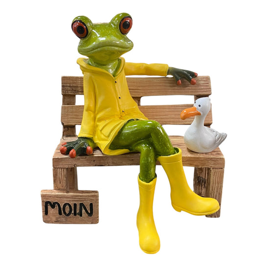 Formano Froschhausen Dekofigur Frosch „Moin“ mit gelber Regenjacke und Ente auf Bank