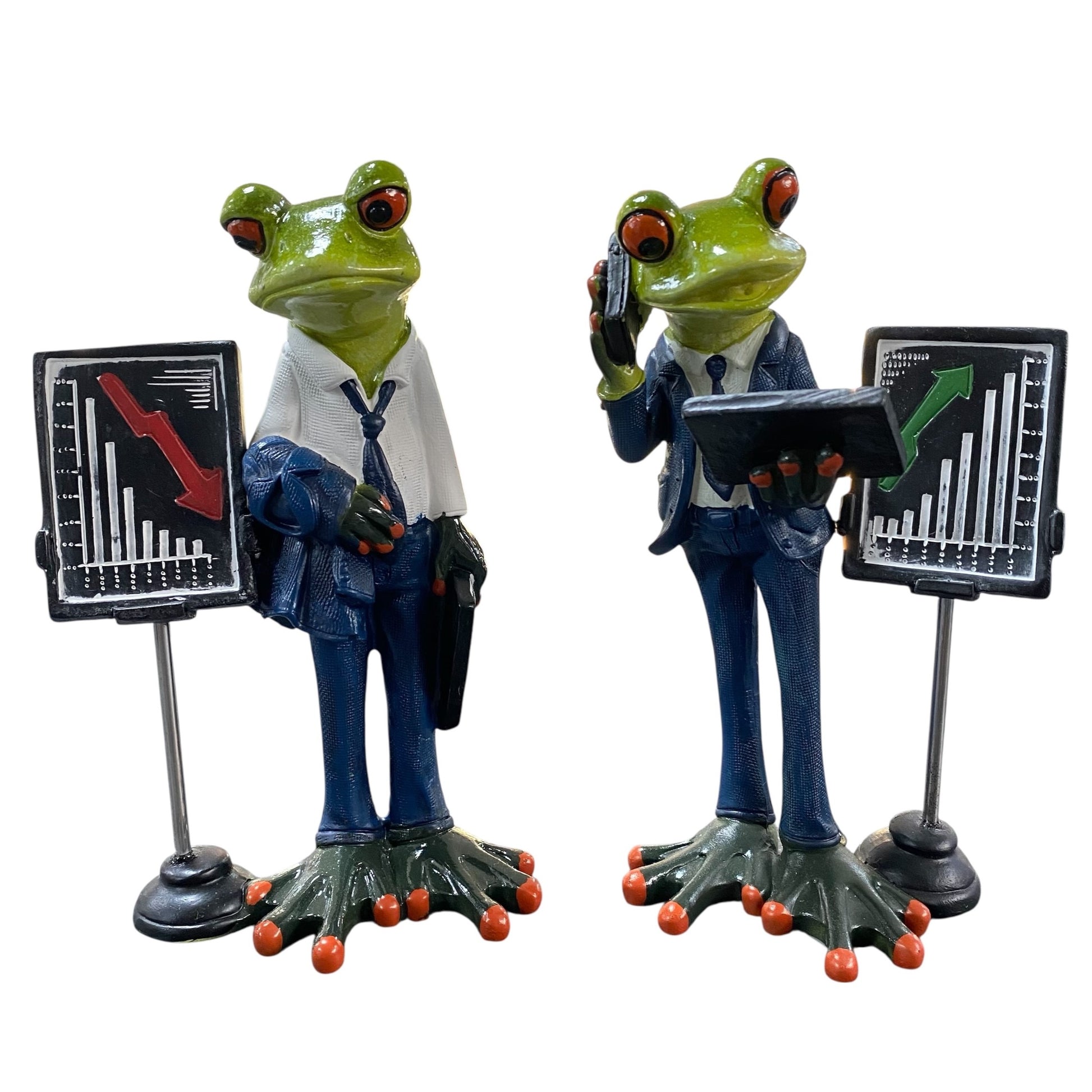 Zwei Formano Froschhausen Büro- & Finanzberater-Deko Frösche im Anzug und Börsendiagramm