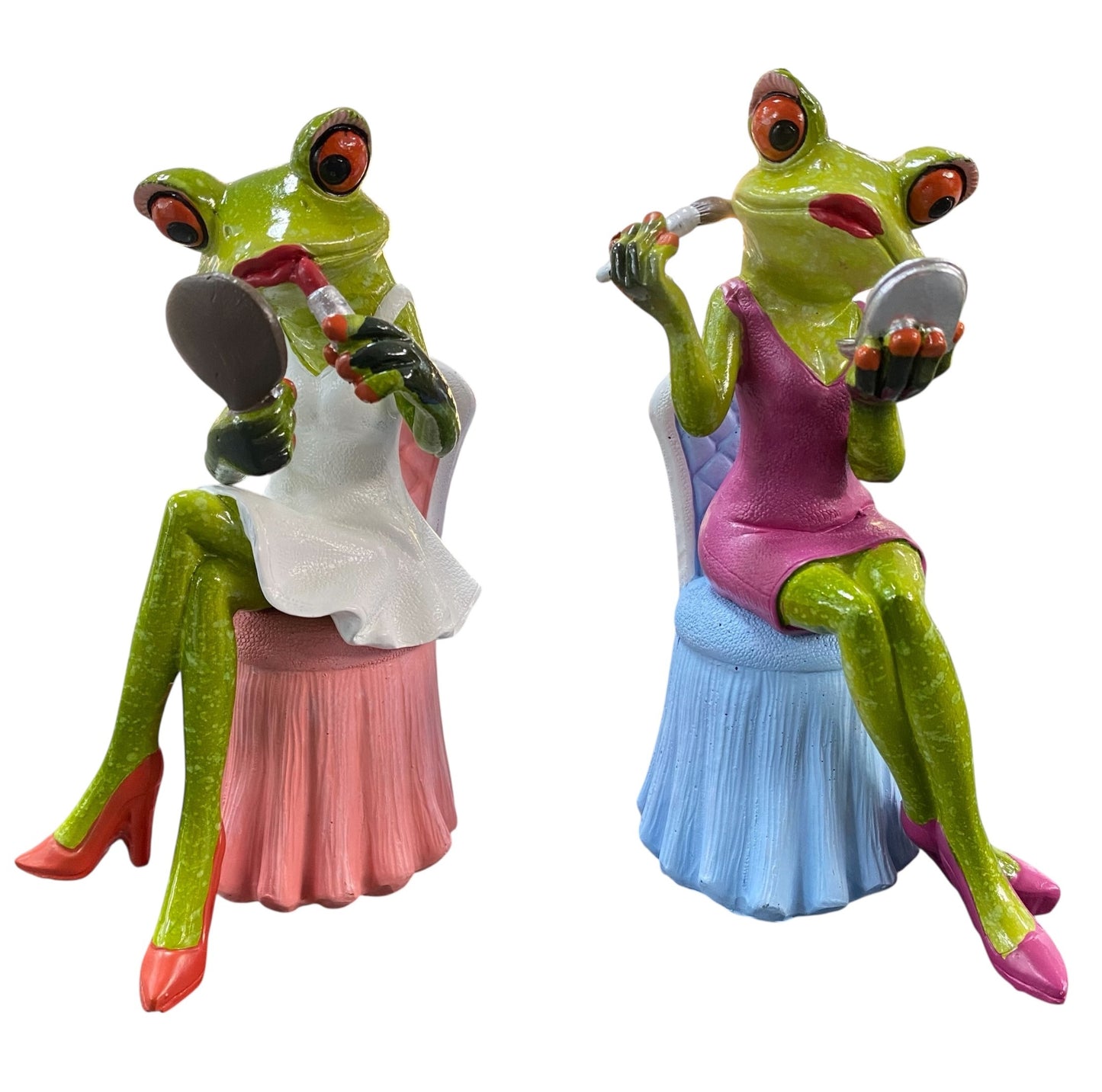 Zwei Formano Froschhausen Dekofigur Frosch Ladies beim Schminken 