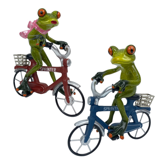 Frosch Dekofiguren vor weißem Hintergrund, die einen männlichen und weiblichen Frosch auf einem Fahrrad abbilden.