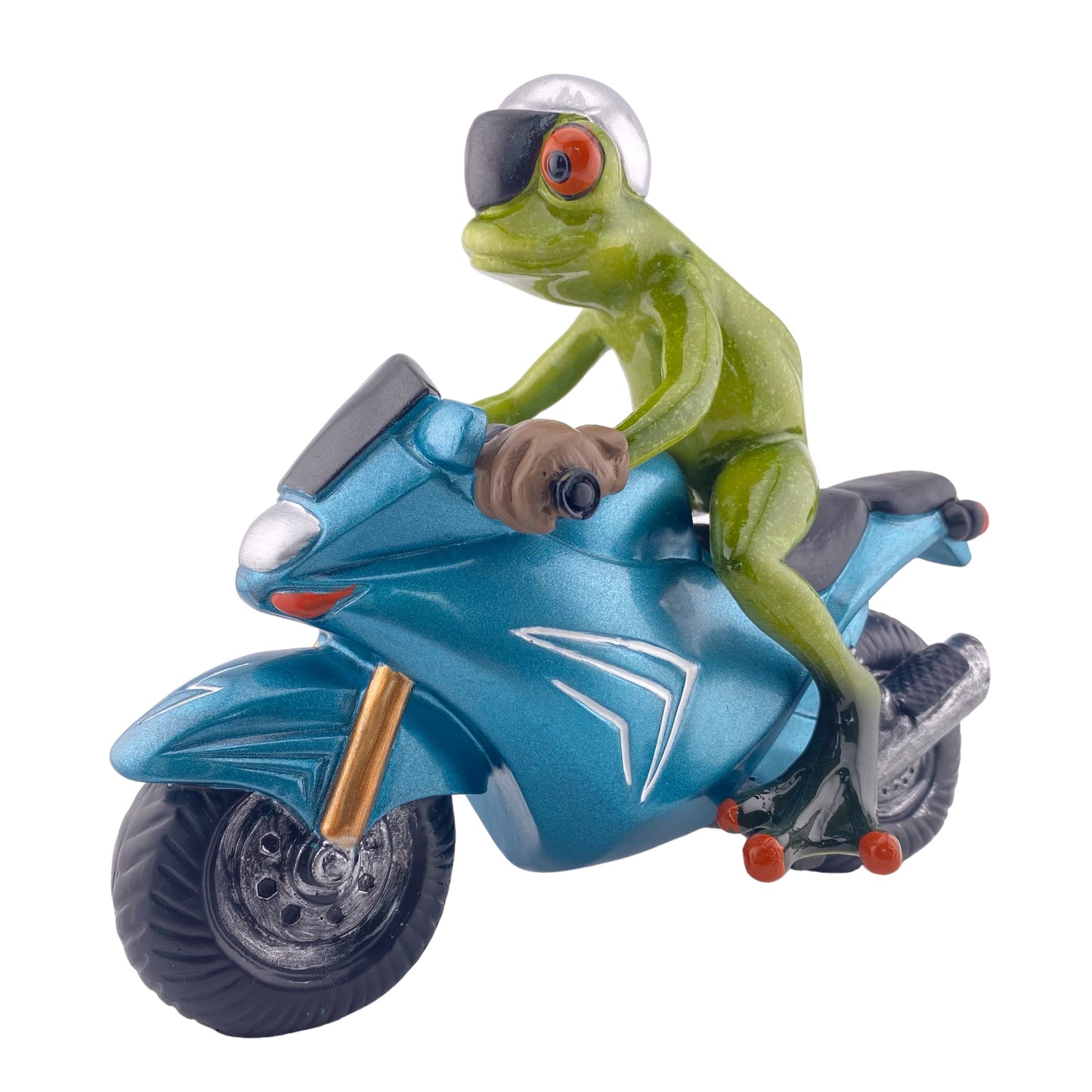 Ein Dekofigur Frosch der Serie Froschhausen sitzt auf einem blauen Motorrad und ist vor weißem Hintergrund platziert.