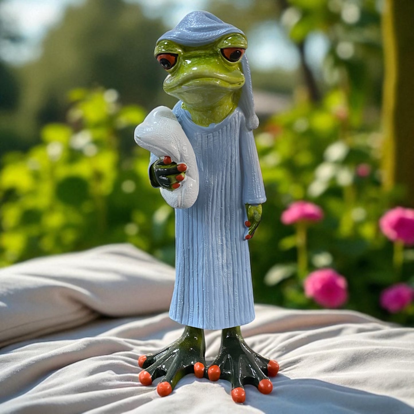 Formano Froschhausen Dekofigur Frosch mit Schlafmütze und Kissen in hellblauer Robe im Ambiente