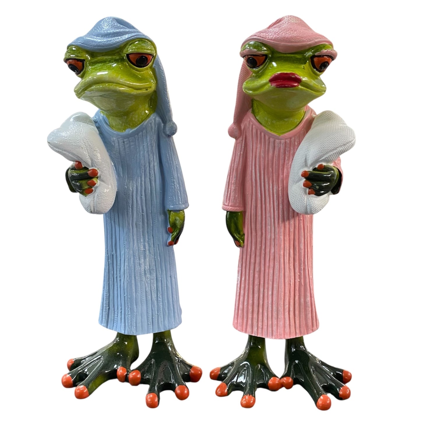 Zwei Formano Froschhausen Dekofigur Frösche mit Schlafmütze und Kissen in rosa und hellblauer Robe 