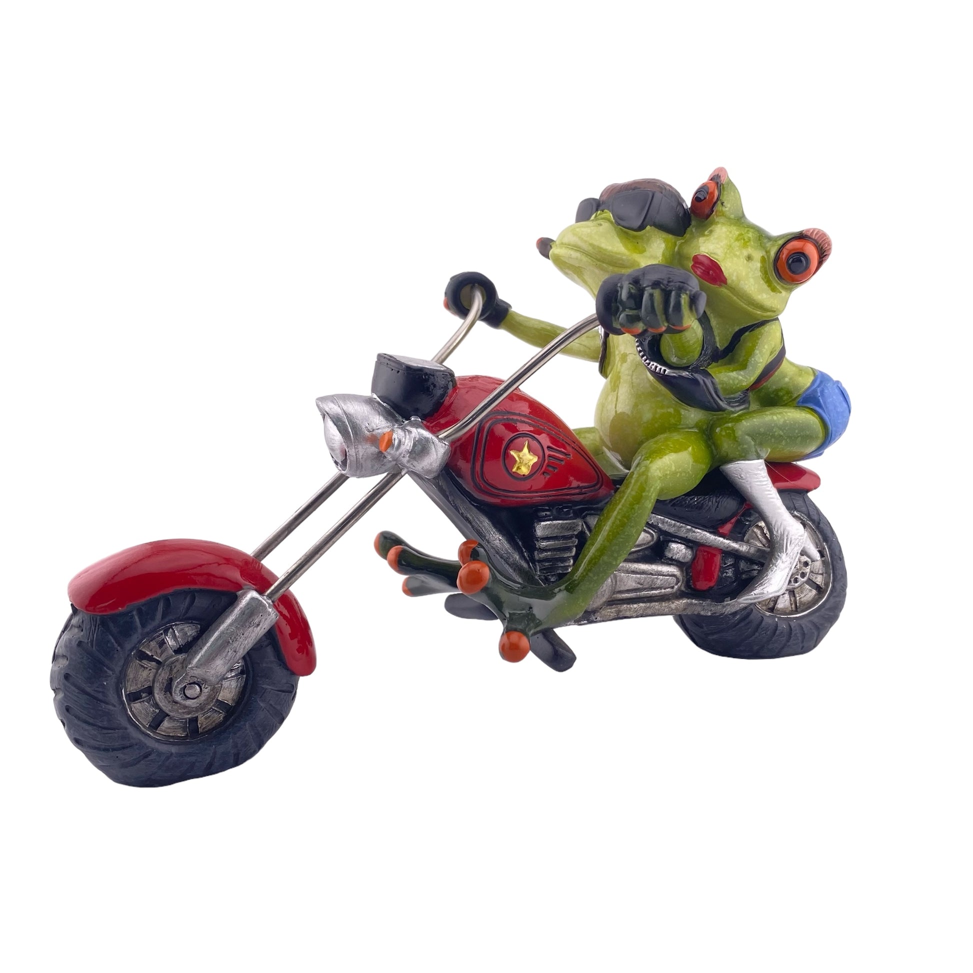 Ein Dekofigur Froschpaar der Serie Froschhausen sitzt auf einem rotem Motorrad und ist vor weißem Hintergrund platziert.