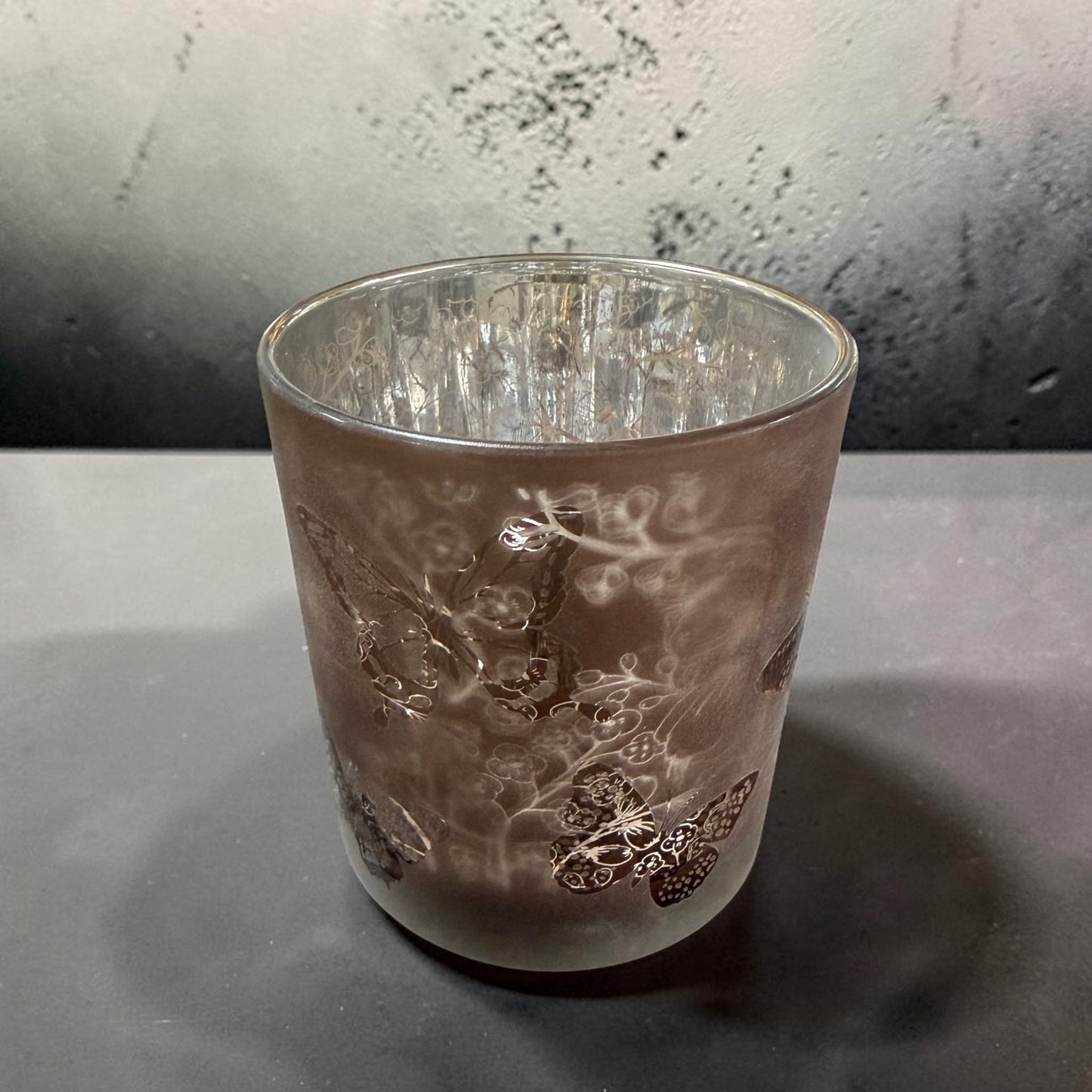 Formano Teelichtglas mit Schmetterlingen Lila Taupe 8 cm 12,5 cm