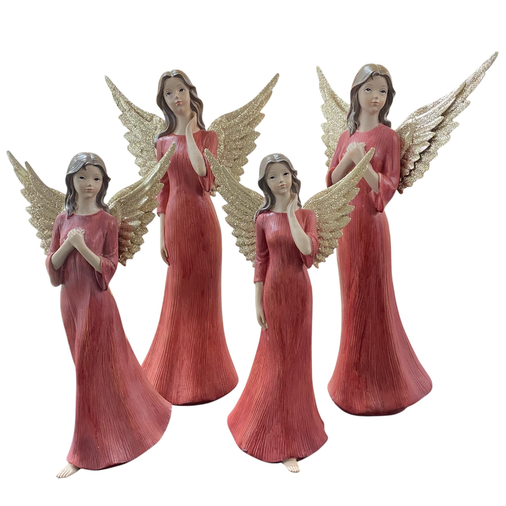 Vier Deko-Engelfiguren mit goldfarbenen Flügeln und roten Kleidern in unterschiedlichen Posen.