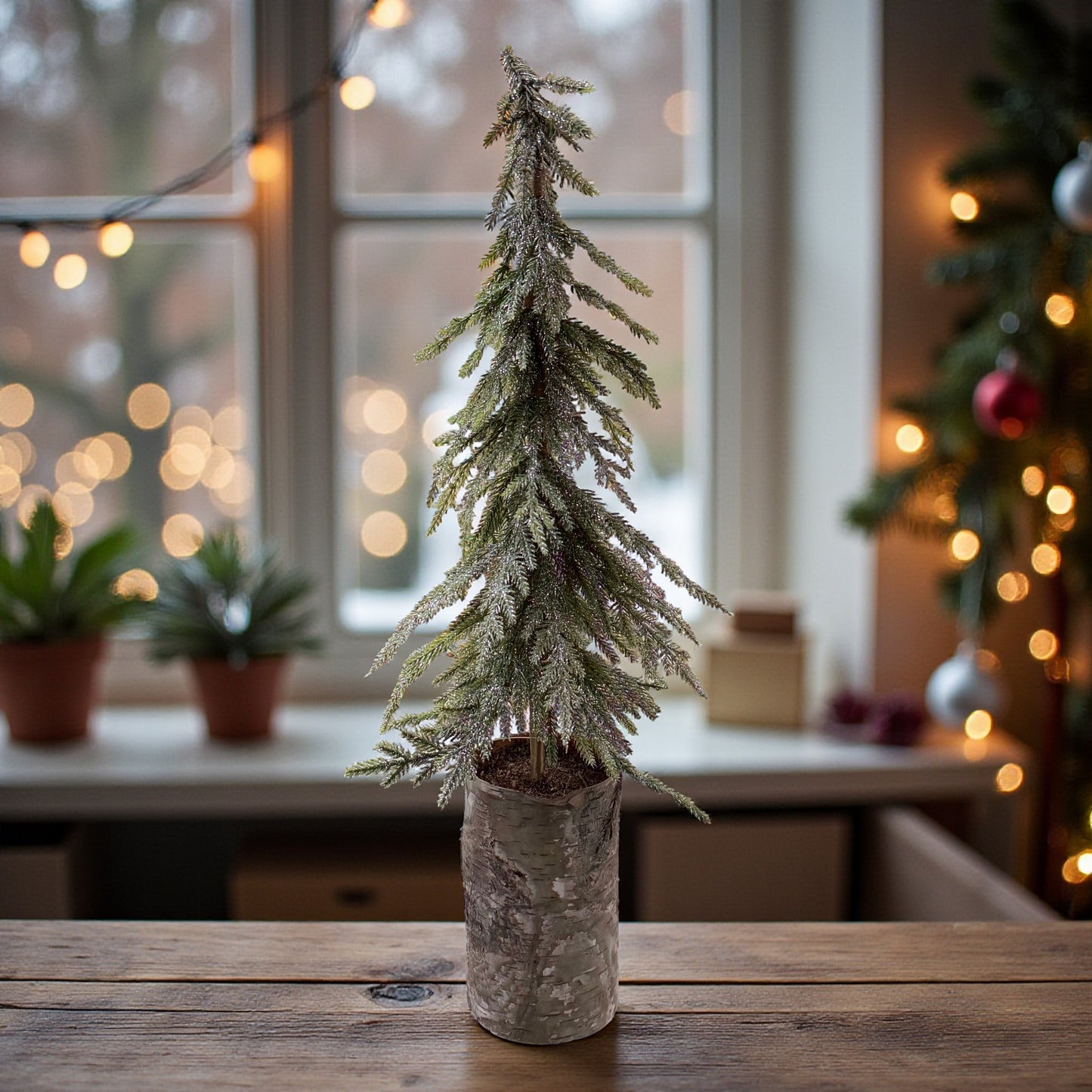 Ein einzelner grüner Dekotannenbaum in einem Rindensockel steht auf einer Holzfläche vor einem Fenster mit stimmungsvoller Beleuchtung und weihnachtlicher Dekoration im Hintergrund.