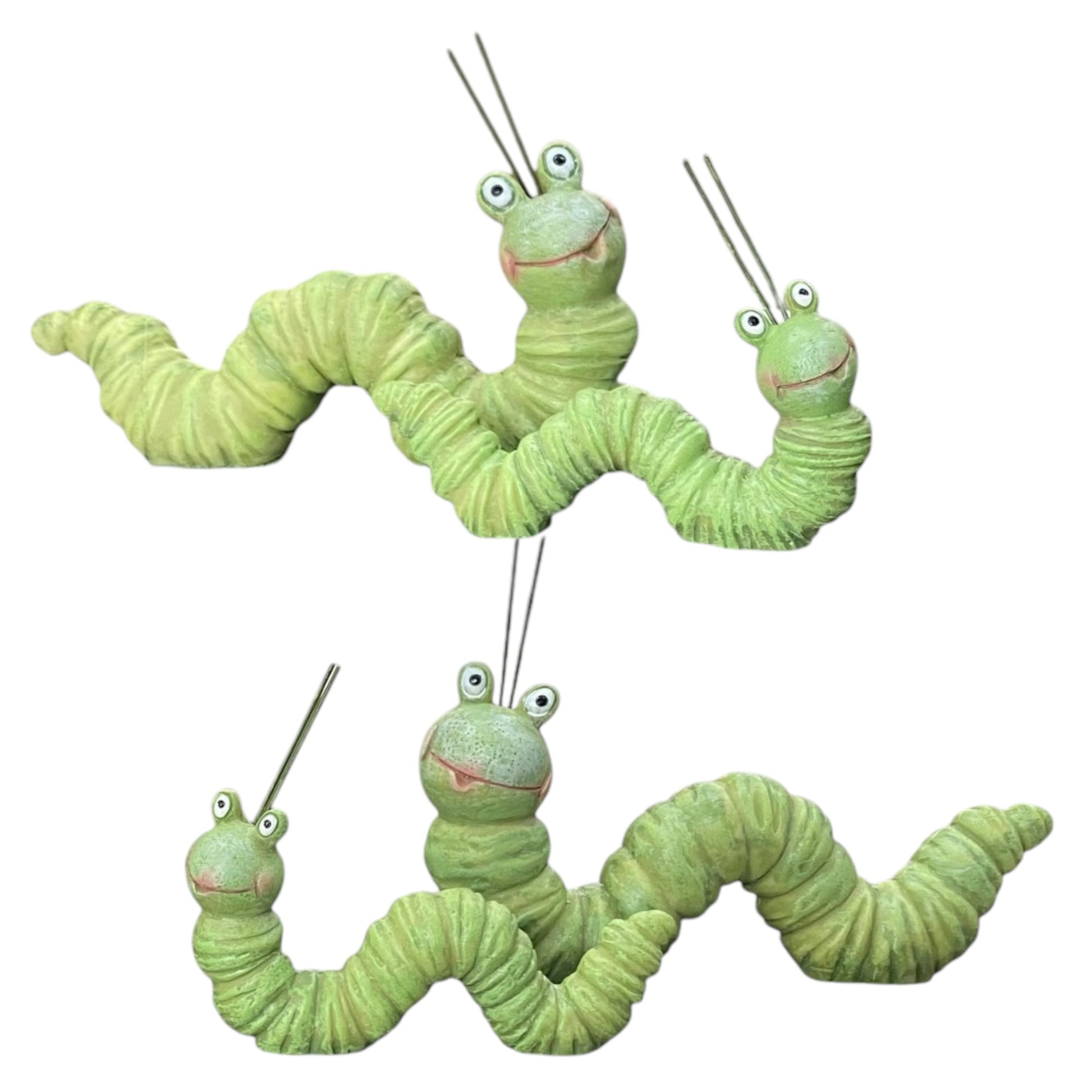 Vier grüne Dekofigur Raupen mit fröhlichem Gesicht 