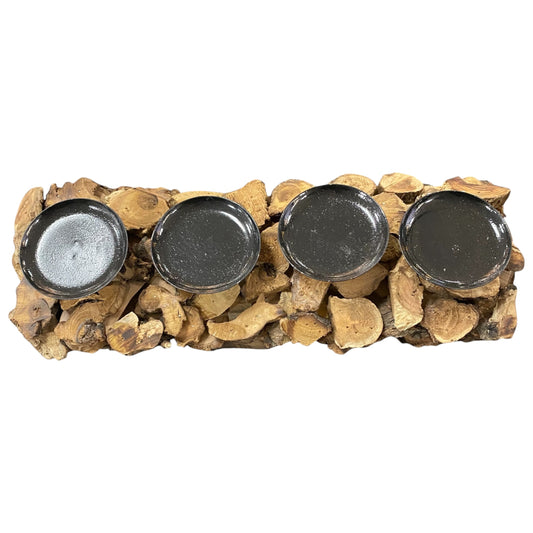 Natürlicher länglicher Adventskranz aus Holz mit vier schwarzen Kerzenhaltern zum individuellen Dekorieren.