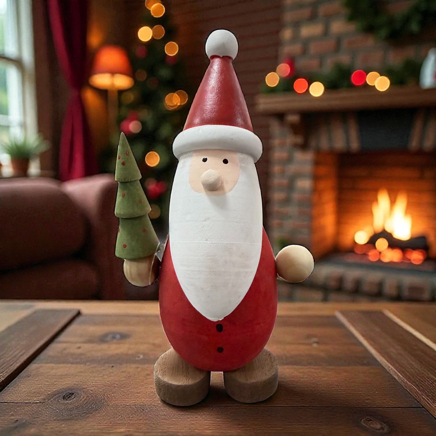 Ein Holz-Nikolaus mit roter Mütze und Tannenbaum sorgt vor einem Kamin für eine gemütliche Weihnachtsatmosphäre.