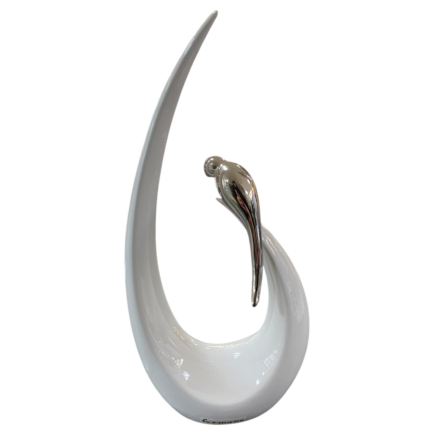 Formano Keramik Deko-Objekt in Cremeweiß mit silbernem Vogel, modernes geschwungenes Design.