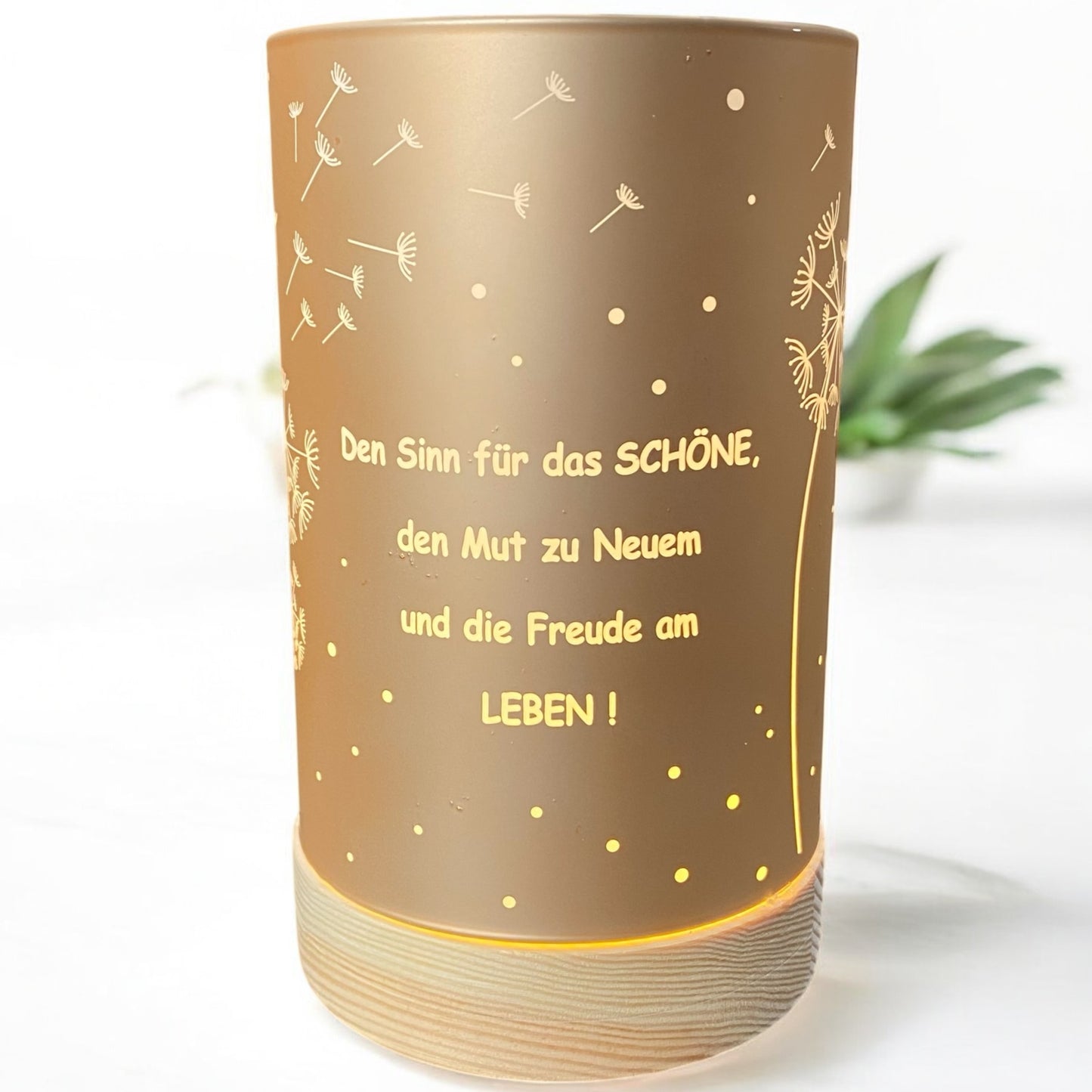 Kleines Formano LED Dekolicht Säule lachsfarben mit Spruch „Den Sinn für das Schöne“ im Ambiente