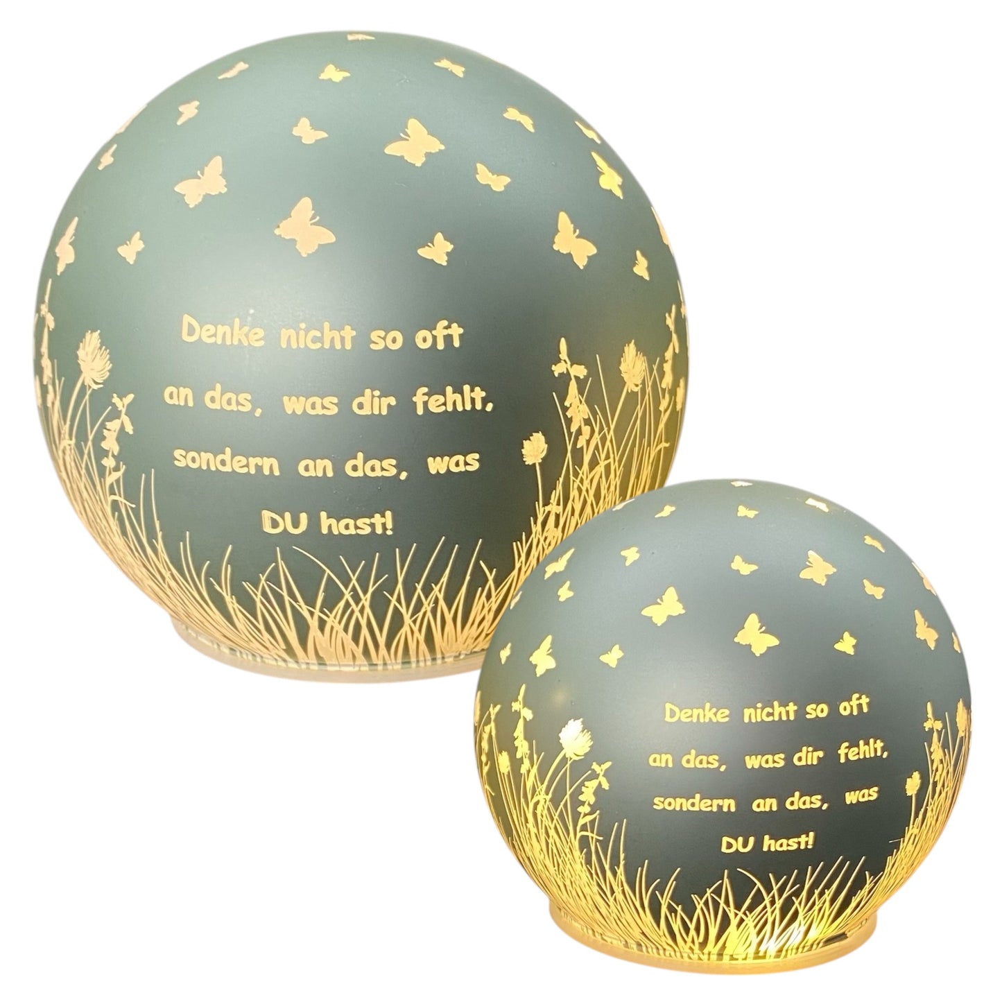 Formano LED Deko Kugel mint-grün mit Spruch „Denke nicht so oft an das, was dir fehlt, sondern an das, was du hast“ in zwei Größen 