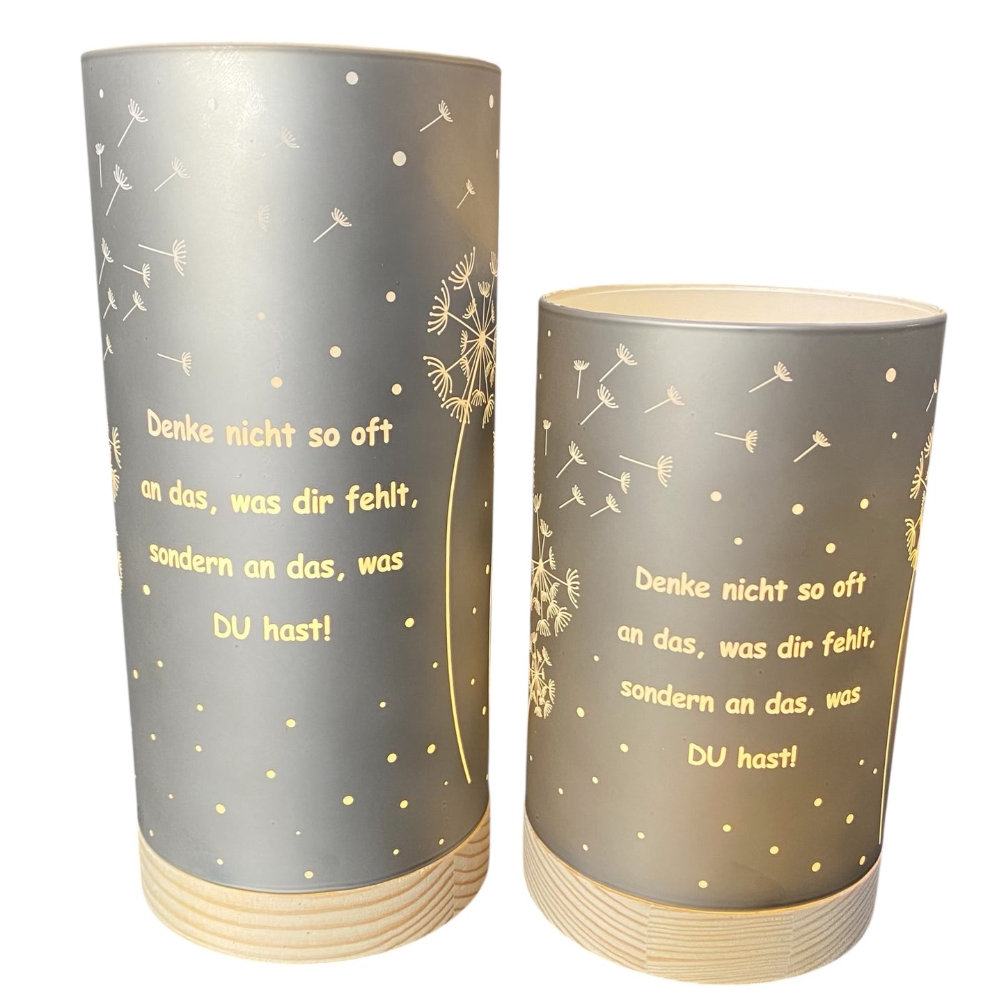 Formano LED Dekolicht Säule silber-grau mit Spruch „Denke nicht so oft an das, was dir fehlt“ in zwei Größen