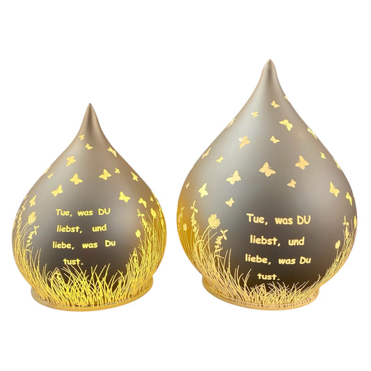 Formano LED Deko Tropfen mit Spruch „Tue, was du liebst“ lachsfarben beleuchtet in zwei Größen 