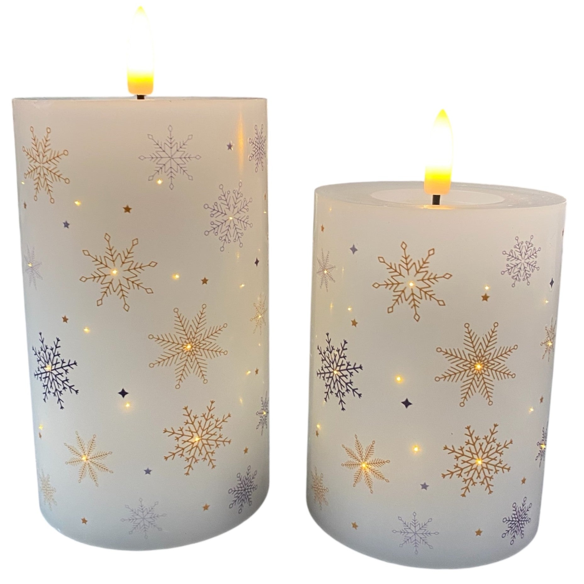 LED-Kerzen mit goldenen und silbernen Schneeflockenmotiven, elegante Winterdekoration in zwei Größen.