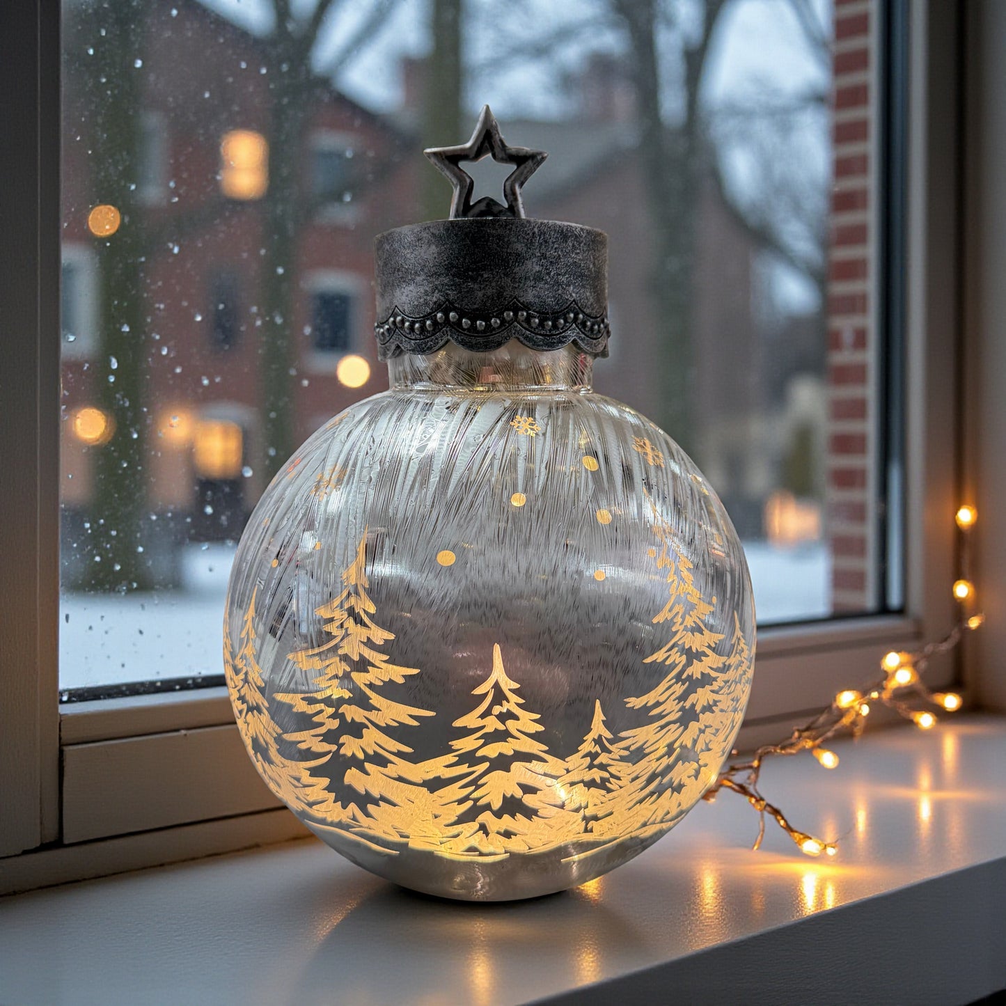 Eine silberne LED-Glaskugel mit goldener Winterlandschaft steht auf einer Fensterbank und leuchtet stimmungsvoll vor verschneiter Kulisse.