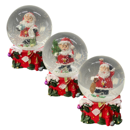 kleine Deko Schneekugeln mit Santa Weihnachtsmann, drei Varianten, Weihnachtsmann mit Sack, Strumpf oder Tannenbaum