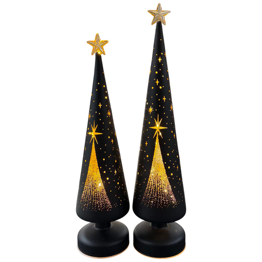 Stilvolle LED-Tannenbaum-Säulen im Set in zwei Größen, schwarz mit golden schimmernden Lichtdetails, freigestellt vor weißem Hintergrund.