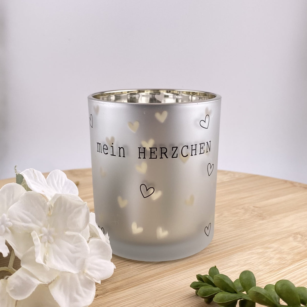 Romantischer Teelichthalter Glas mit Herzen und Schriftzug – Funkelherz