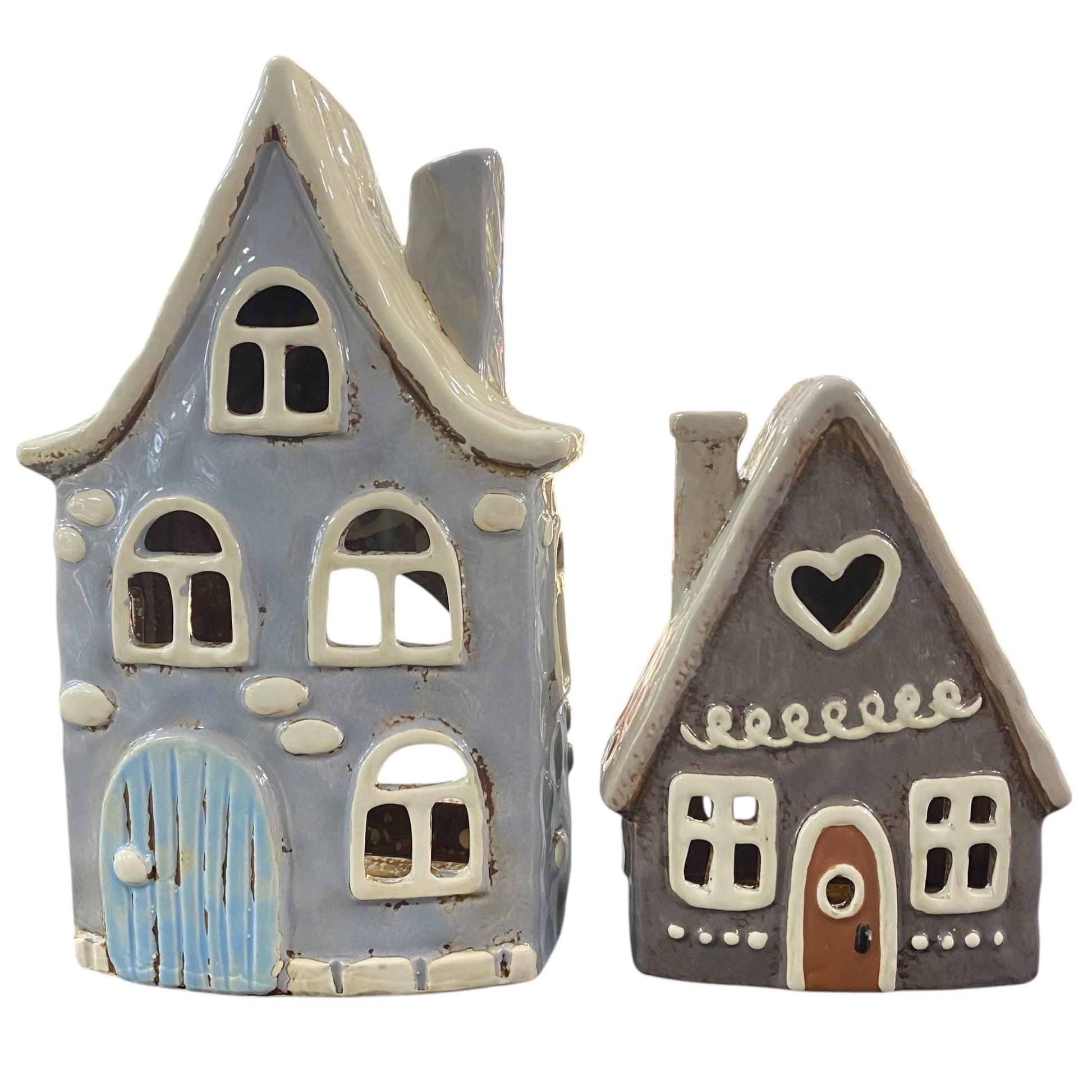 Formano Keramik-Windlichter in Hausform in Taupe und Blau, weihnachtliche Teelichthalter in zwei Größen.