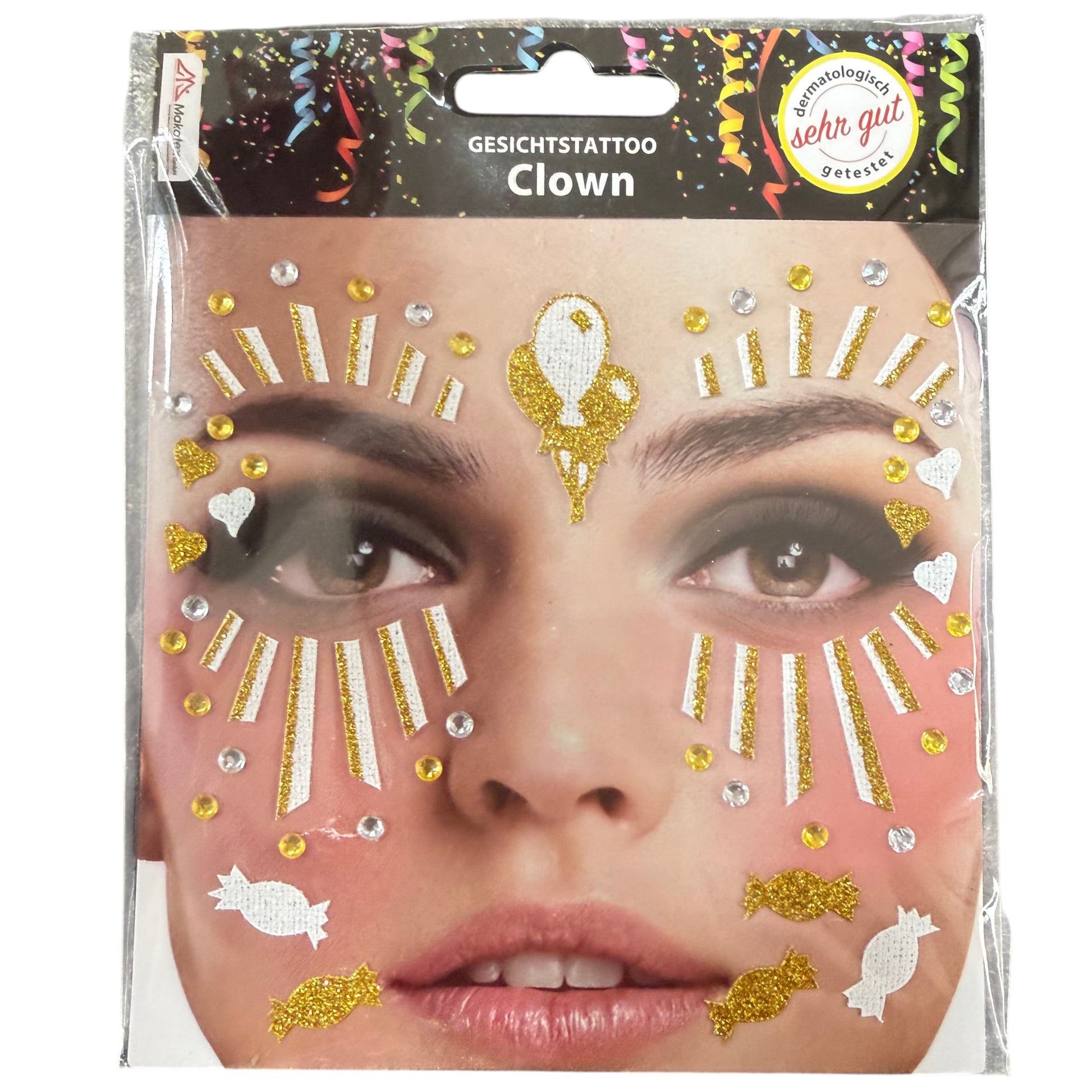 Gesichtstattoos „Clown“ in Gold-Weiß mit Glitzer, Strasssteinen, Luftballon- und Bonbon-Motiven für Karneval
