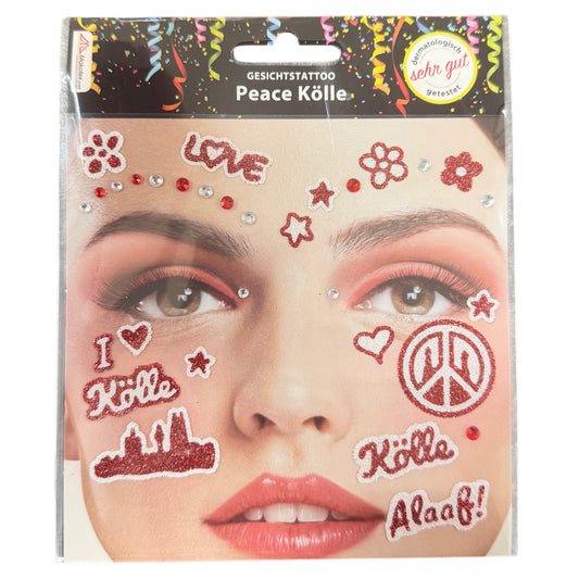 Gesichtstattoos „Peace Kölle“ in Rot-Weiß mit Dom, Schriftzügen, Symbolen und Strasssteinen für Karneval
