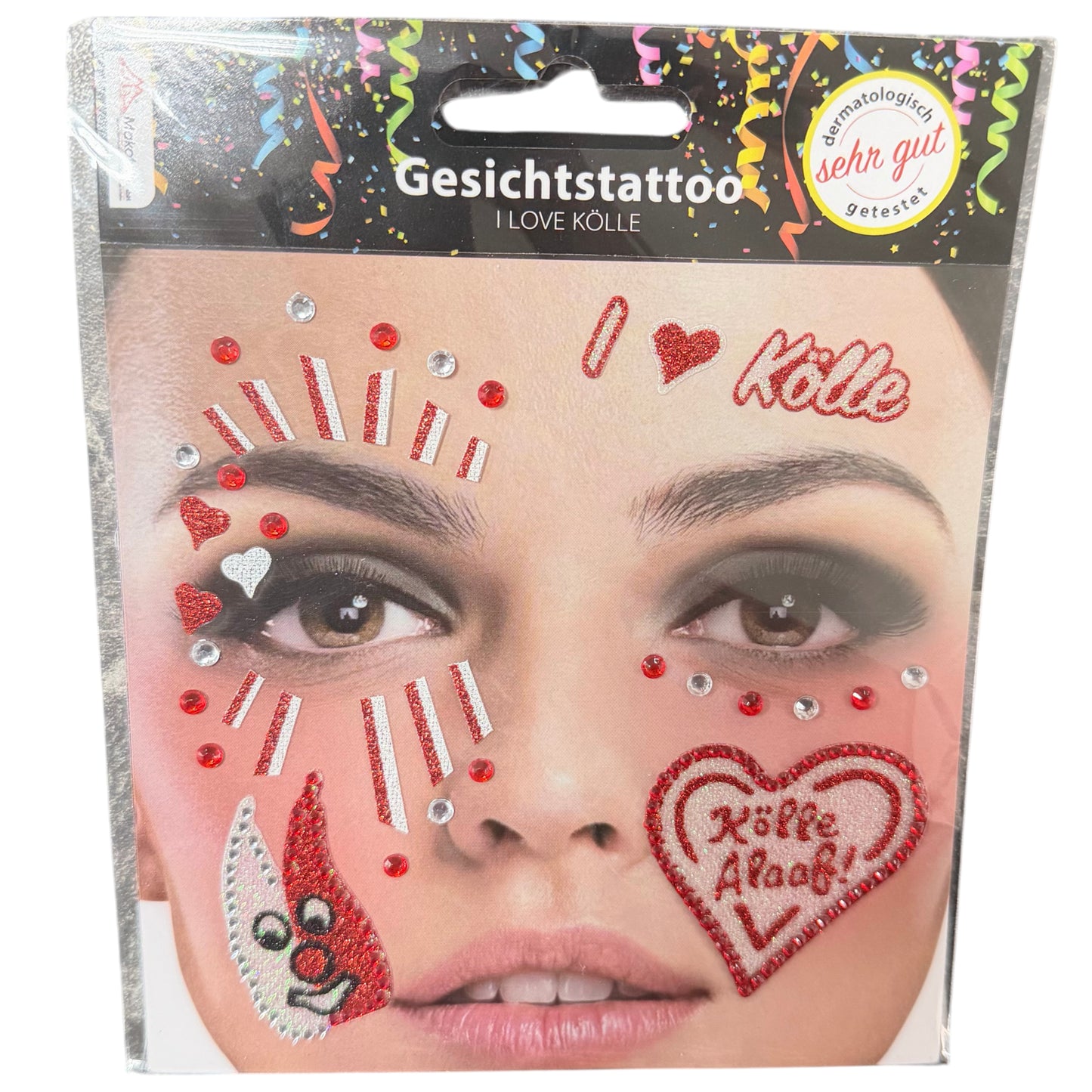 Gesichtstattoos „I Love Kölle“ in Rot-Weiß mit Herzen, Dom-Motiven und Strasssteinen für Karneval