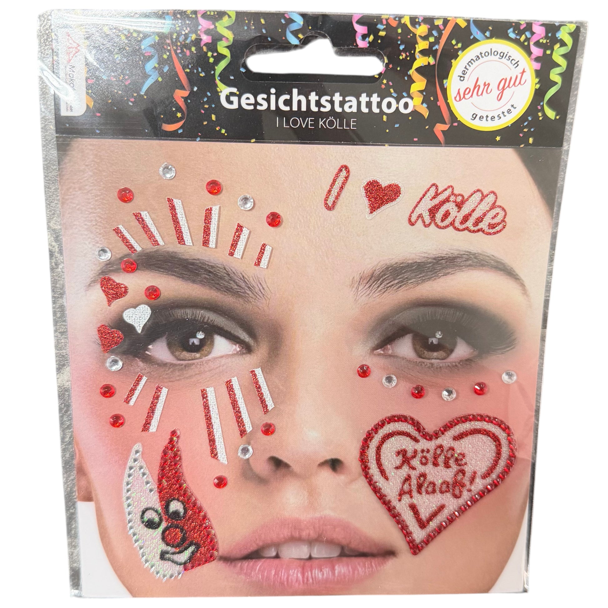 Gesichtstattoos „I Love Kölle“ in Rot-Weiß mit Herzen, Dom-Motiven und Strasssteinen für Karneval