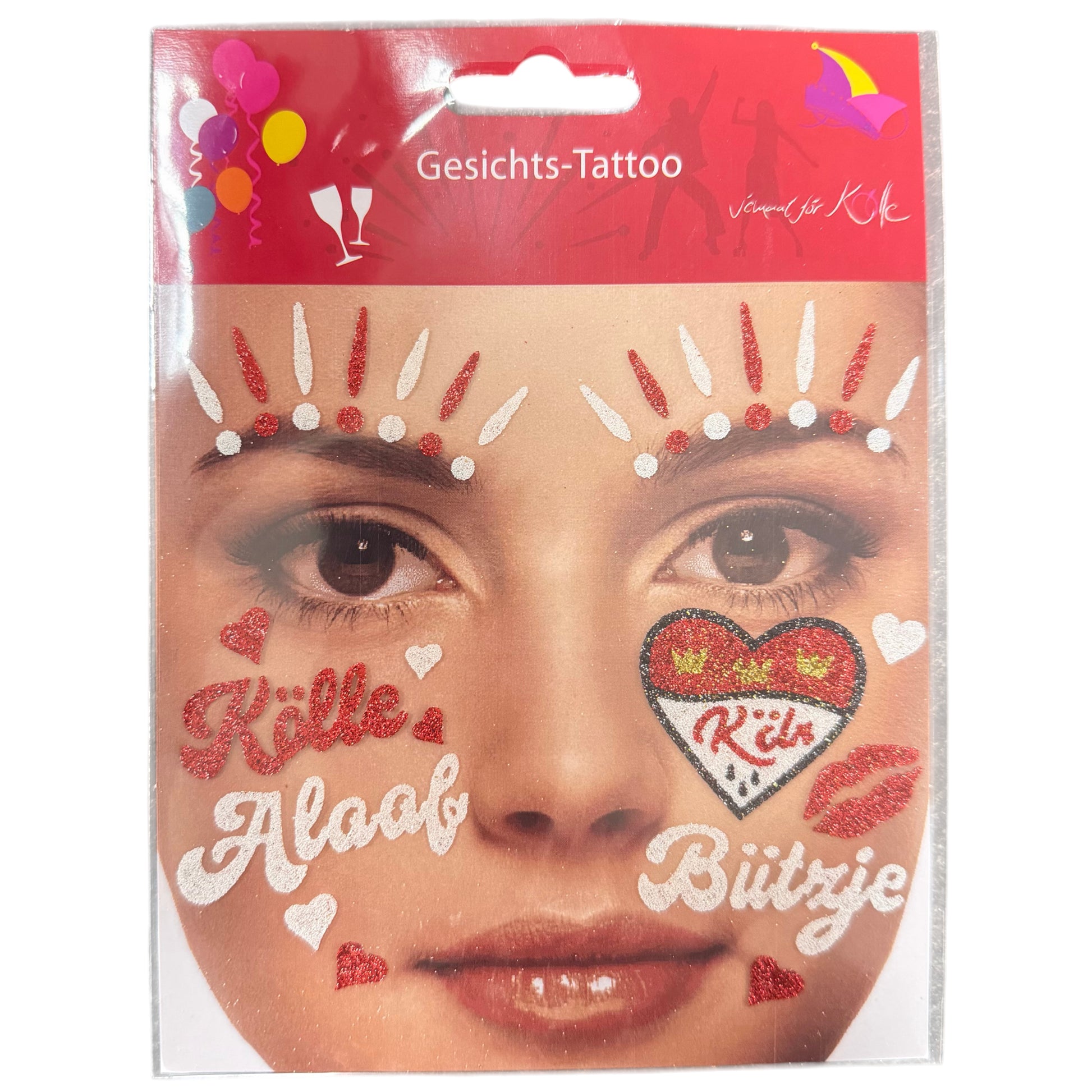 Gesichtstattoos „Kölle Alaaf“ in Rot-Weiß mit Glitzer, Herzmotiv „Köln“, Schriftzügen „Bützje“ und funkelnden Strassakzenten für Karneval