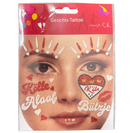 Gesichtstattoos „Kölle Alaaf“ in Rot-Weiß mit Glitzer, Herzmotiv „Köln“, Schriftzügen „Bützje“ und funkelnden Strassakzenten für Karneval