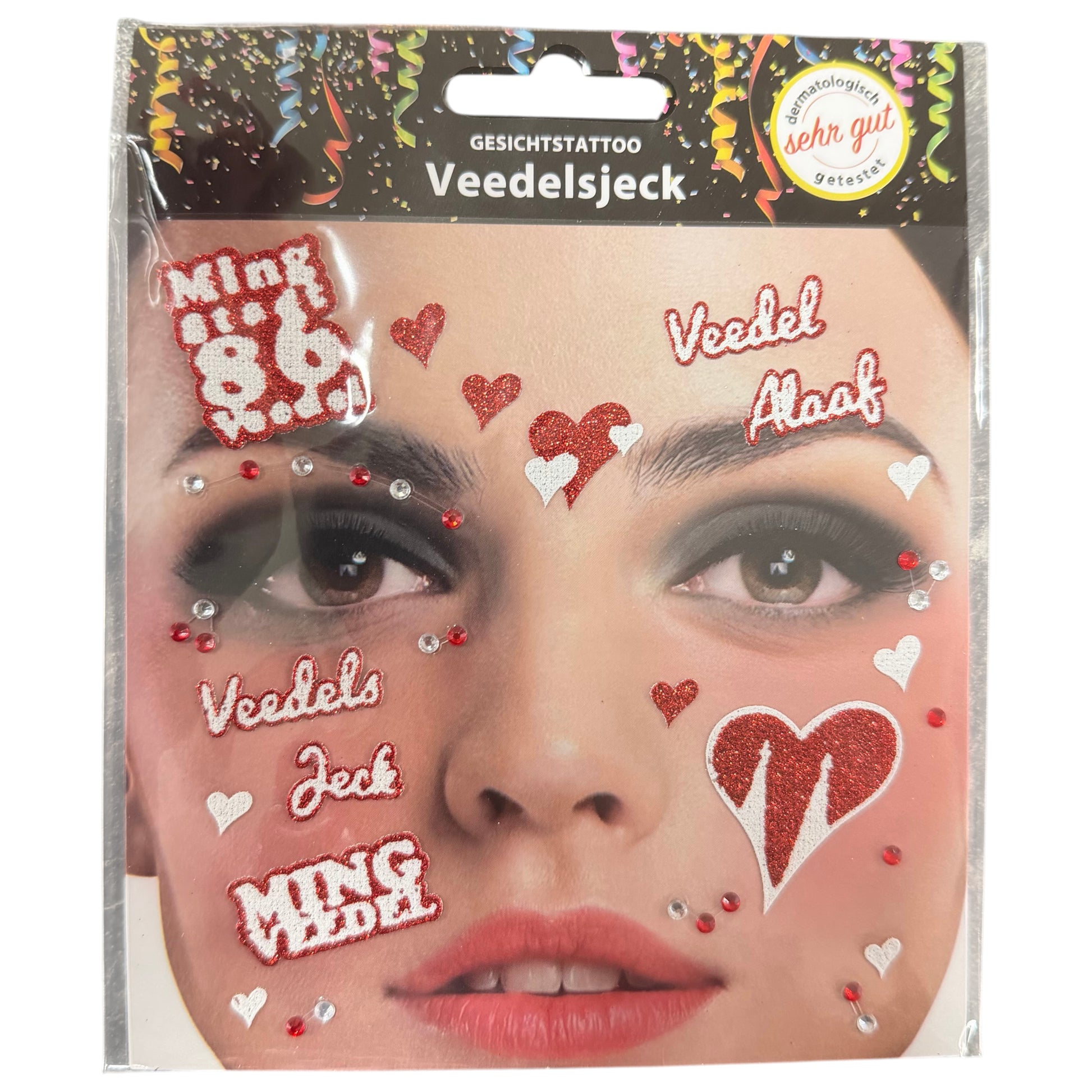 Gesichtstattoos „Veedelsjeck“ in Rot-Weiß mit Schriftzügen, Herzen und Strasssteinen für Karneval